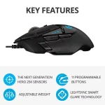 Logitech G502 Hero Wired Gaming Mouse 1 | PricZone Black gaming mouse with blue LEDs and four feature icons 25K sensors 11 programmable buttons adjustable weight Lightsync tech | PricZone