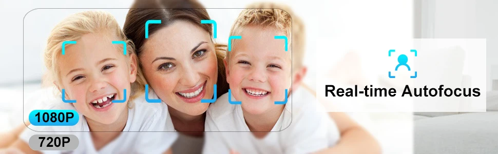 Family smiling at the camera with blue focus brackets over faces, plus the label 'Real-time Autofocus' and resolution badges 1080P and 720P.