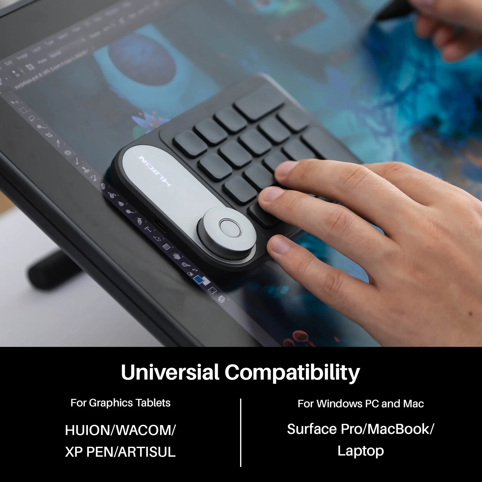 Huion Wireless Keyboard Bluetooth 50 Connection Keydial 4 | PricZone Close up of a Huion drawing tablet with a compact keypad and wheel being used by a hand on screen artwork visible in the display area | PricZone