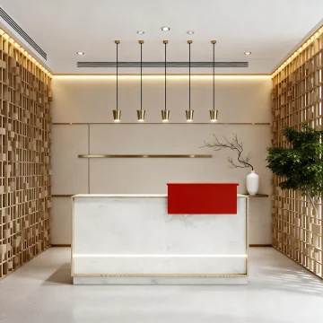 Modern White Stone Wood Reception Desk with LED Light Front 1
