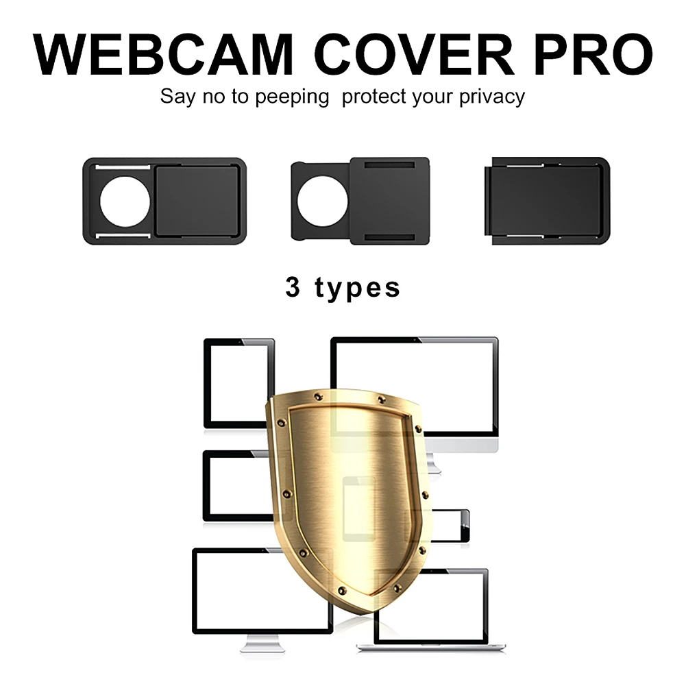Webcam privacy cover kit showing three slide-style covers and a shield over computer screens to protect privacy.