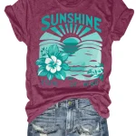 Plus Size Sunshine State Of Mind Flower Tank Top 3 | PricZone Maroon T shirt with a teal graphic that says SUNSHINE STATE OF MIND featuring a sun waves and hibiscus flowers in turquoise tones | PricZone