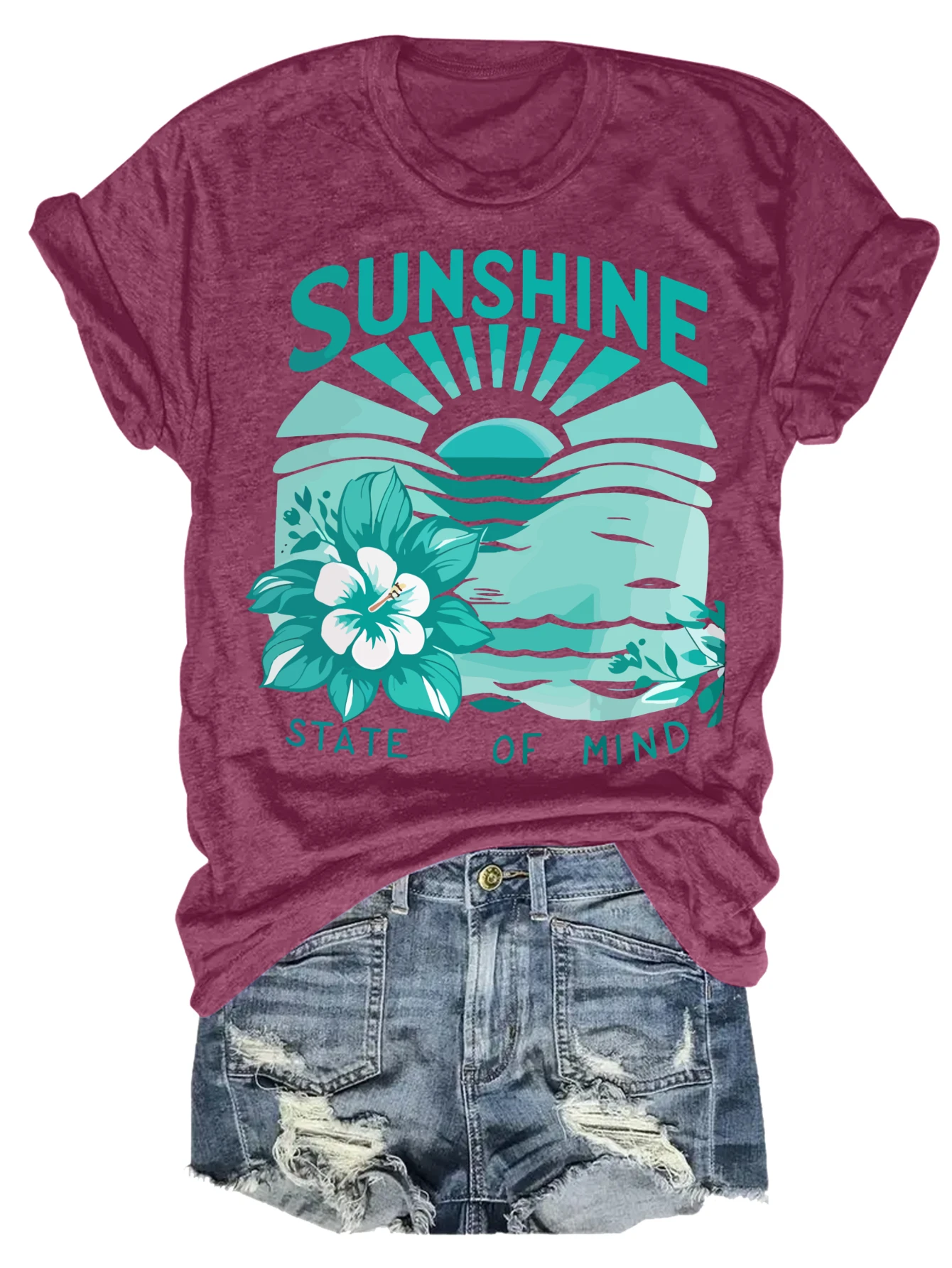 Plus Size Sunshine State Of Mind Flower Tank Top 3 | PricZone Maroon T shirt with a teal graphic that says SUNSHINE STATE OF MIND featuring a sun waves and hibiscus flowers in turquoise tones | PricZone