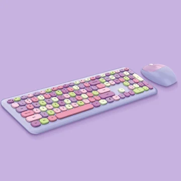 Pastel colored keyboard with round multicolor keys and a matching pastel mouse on a lavender background shown from an angled side view | PricZone