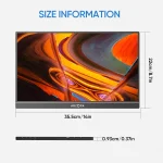 Arzopa 156 Inch Portable Monitor Fhd 1080P Ips USBC HDMI 6 | PricZone Size information diagram for a 14 inch ARZOPA monitor showing width 355 cm 14 in height 22 cm 87 in depth 093 cm 037 in with abstract orange artwork on screen | PricZone