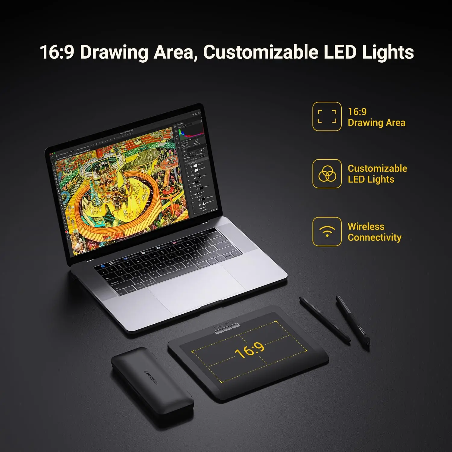 Laptop displaying vibrant artwork with a nearby drawing tablet and accessories, highlighting a 16:9 drawing area, customizable LED lights, and wireless connectivity.