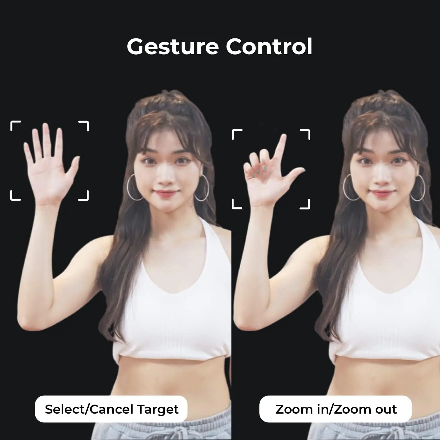 Gesture control demo: a woman raises her left hand on the left panel and right hand on the right panel, with target markers and on-screen buttons labeled 'Select/Cancel Target' and 'Zoom in/Zoom out'.