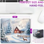 Promo image for a desk pad snowy winter scene on a 95 by 78 inch pad with rounded corners and thick slip resistant design | PricZone