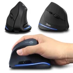 Black ergonomic wireless gaming mouse with blue LED accents shown from multiple angles and being gripped in a hand | PricZone