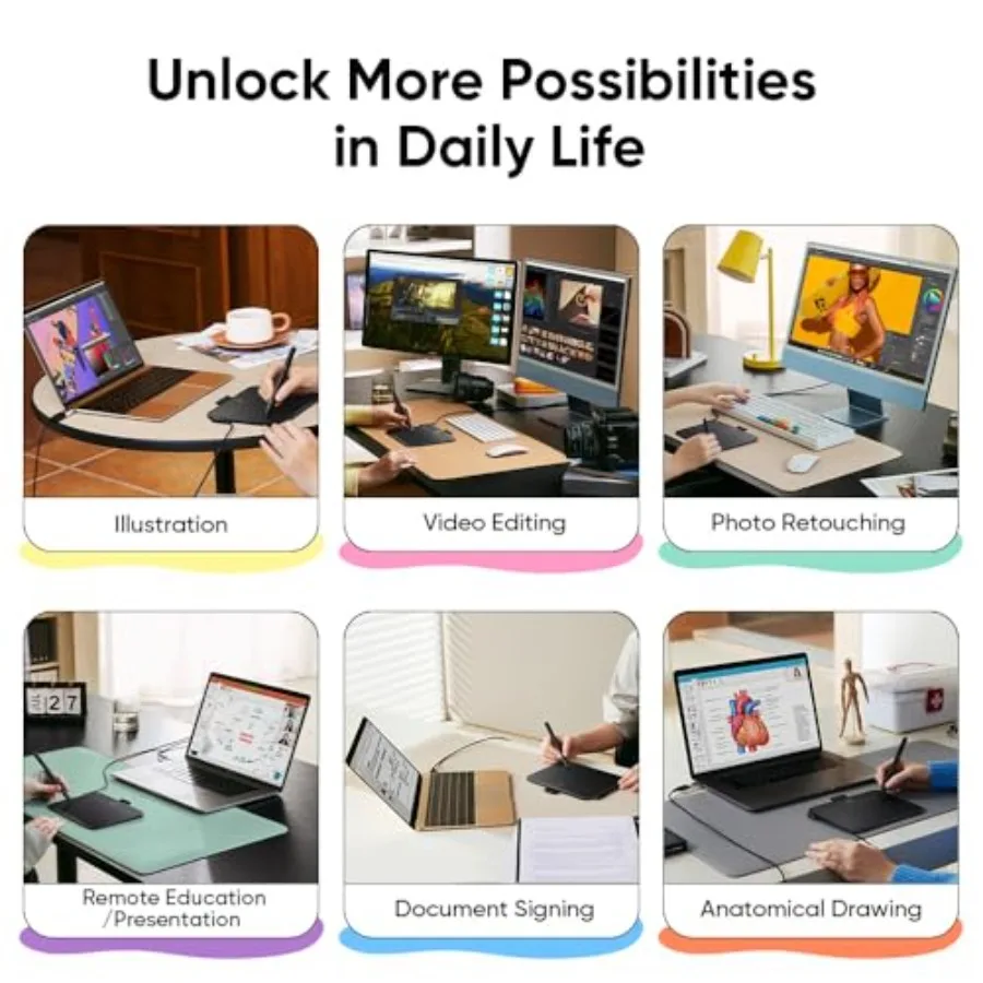 Six-panel collage of digital workstations for Illustration, Video Editing, Photo Retouching, Remote Education, Document Signing, and Anatomical Drawing.