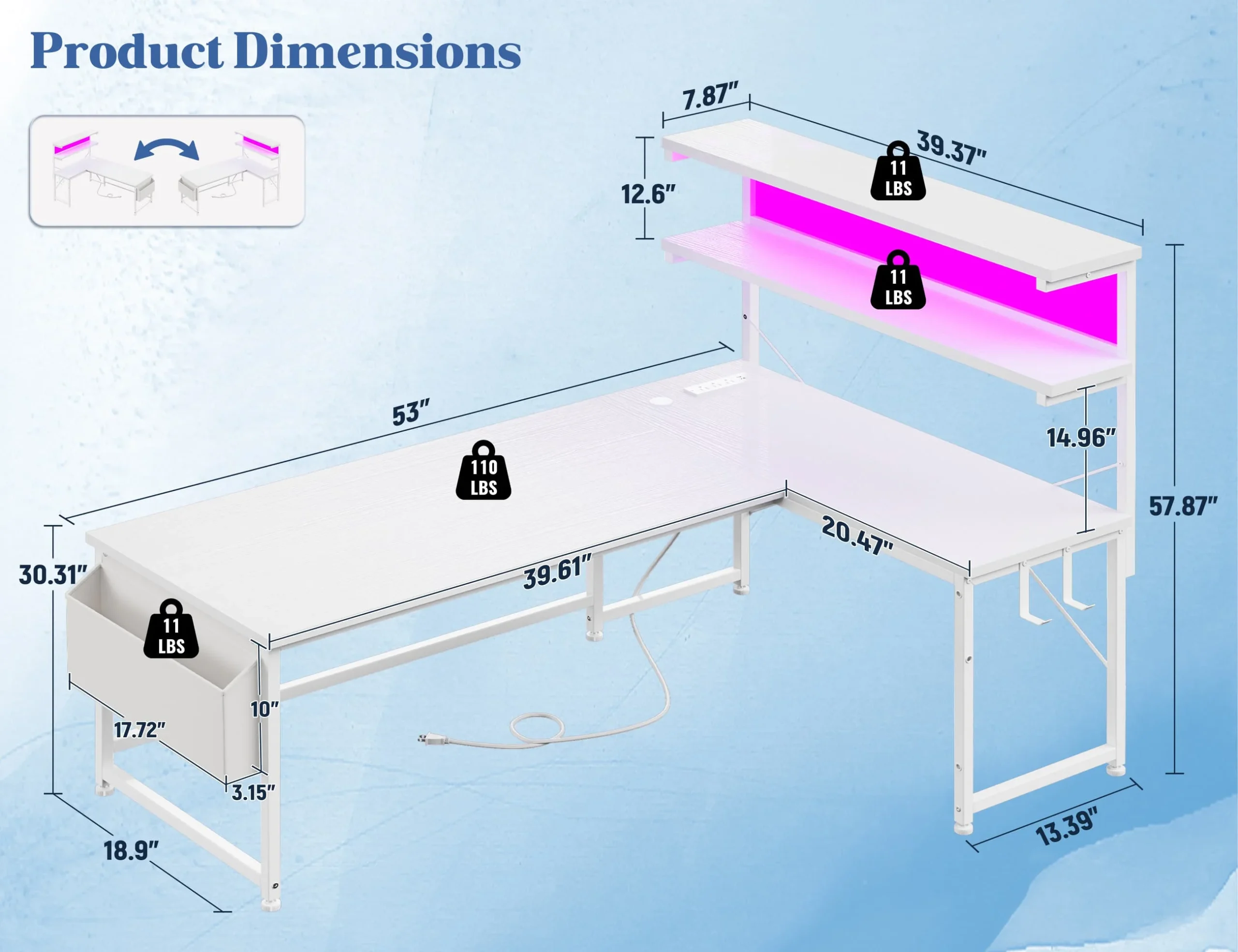 Enhomee 53inch LShaped Office Desk with RGB LED Computer 8 | PricZone Enhomee 53 inch L Shaped Office Desk with RGB LED Computer 8 | PricZone