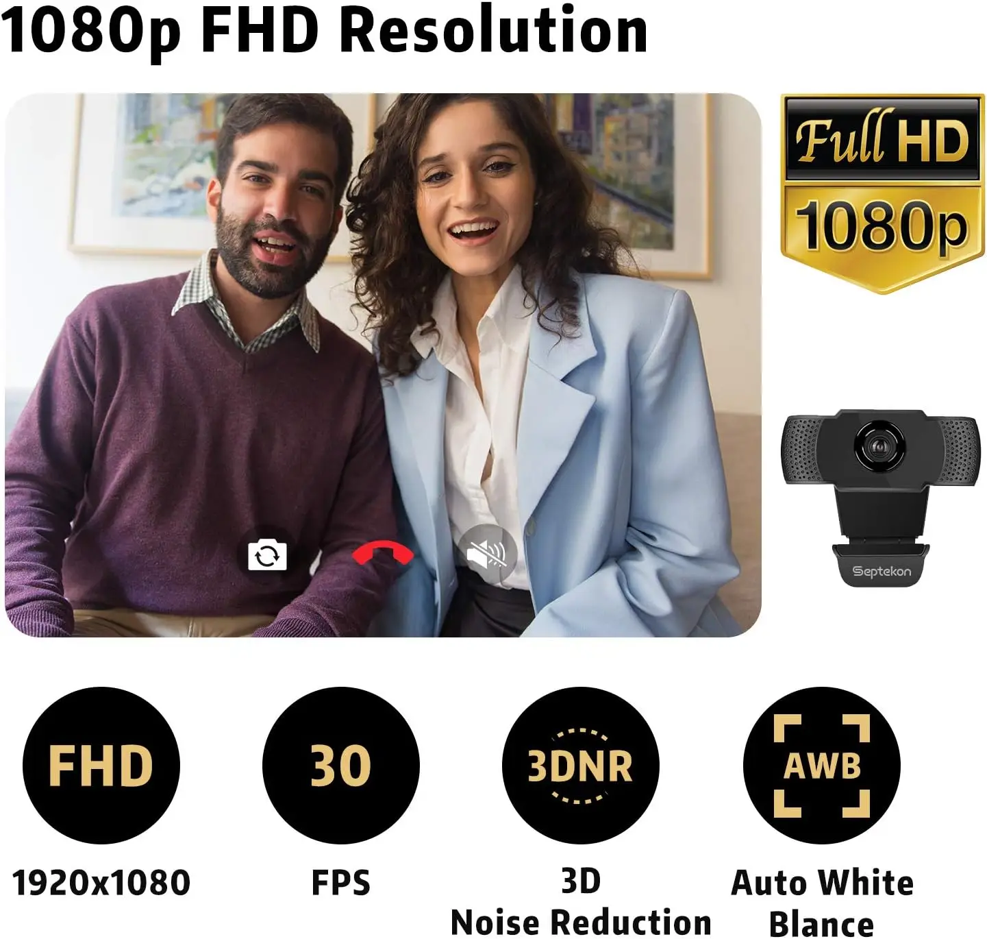 Scene of a couple on a video call with 1080p FHD text and a separate webcam image to the right, highlighting Full HD 1080p.