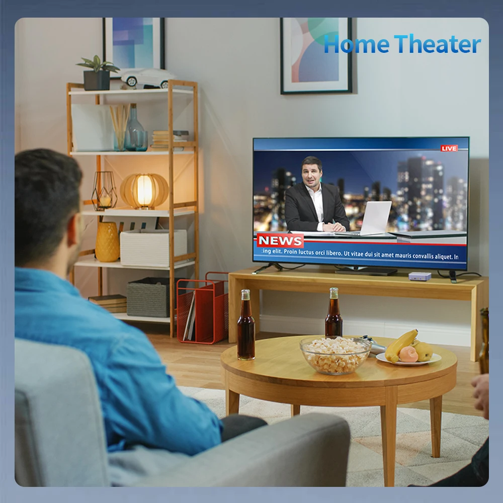 Person on a sofa watching a news broadcast on a flat-screen TV in a cozy living room; round coffee table holds popcorn, beer, and fruit.