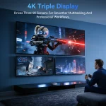 Man seated with a game controller watching a triple 4K display wall showing a sci fi shooter across three screens | PricZone