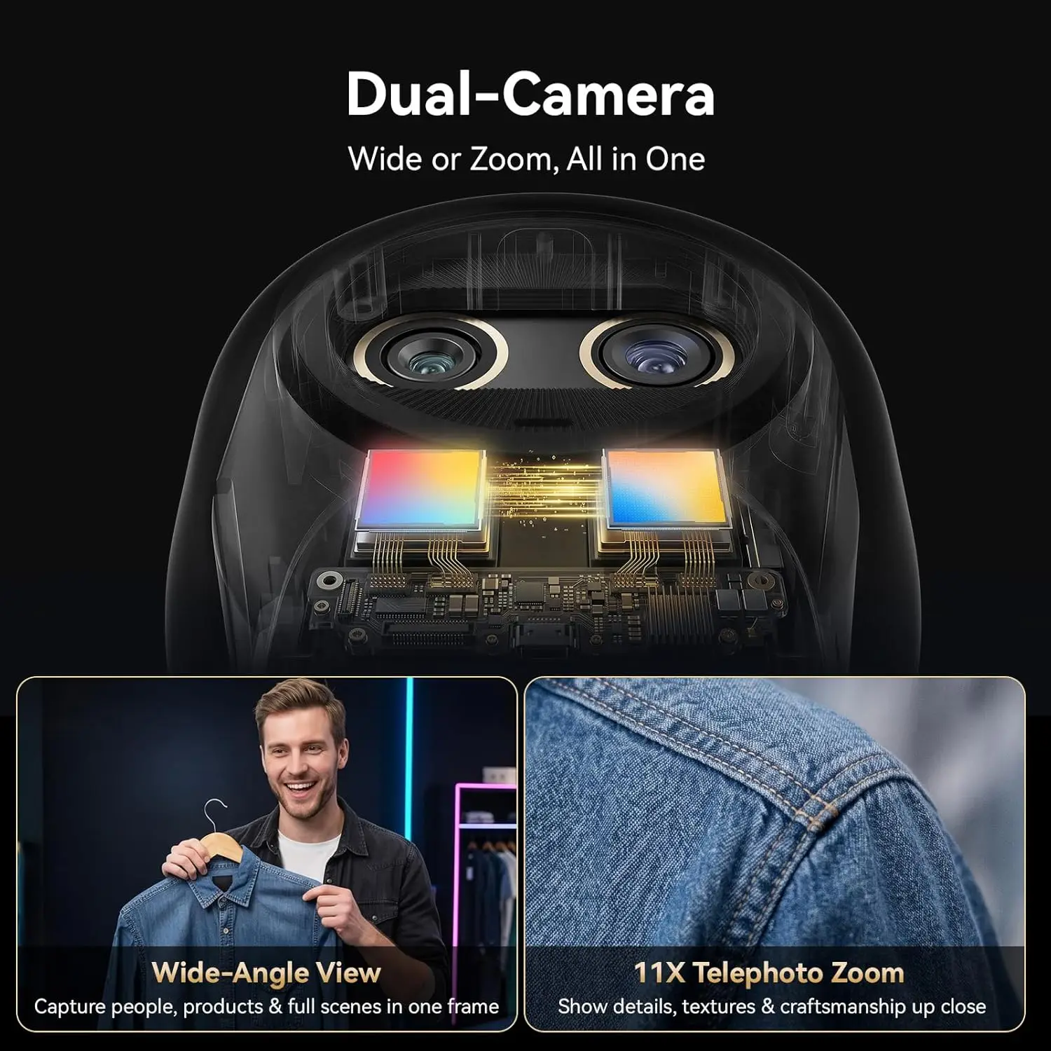 Dual-Camera 4K Webcam for Streaming with 11X Hybrid Zoom 9
