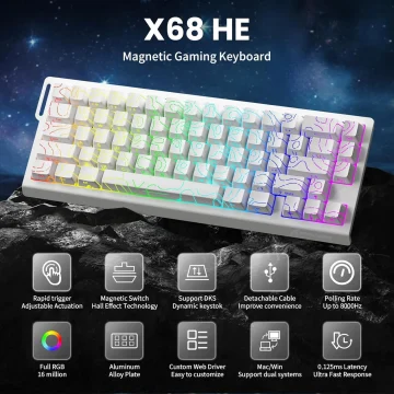 Rainbow lit X68 HE magnetic gaming keyboard displayed on rocky surface with space backdrop features a modern plastic body and rainbow lighting | PricZone