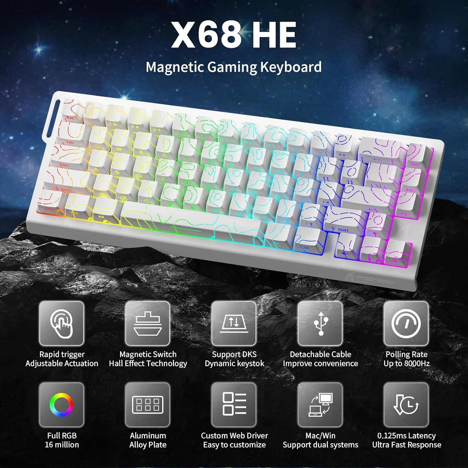 Attack Shark X68 He Rapid Trigger Magnetic Switch Keyboard 1 | PricZone Rainbow lit X68 HE magnetic gaming keyboard displayed on rocky surface with space backdrop features a modern plastic body and rainbow lighting | PricZone