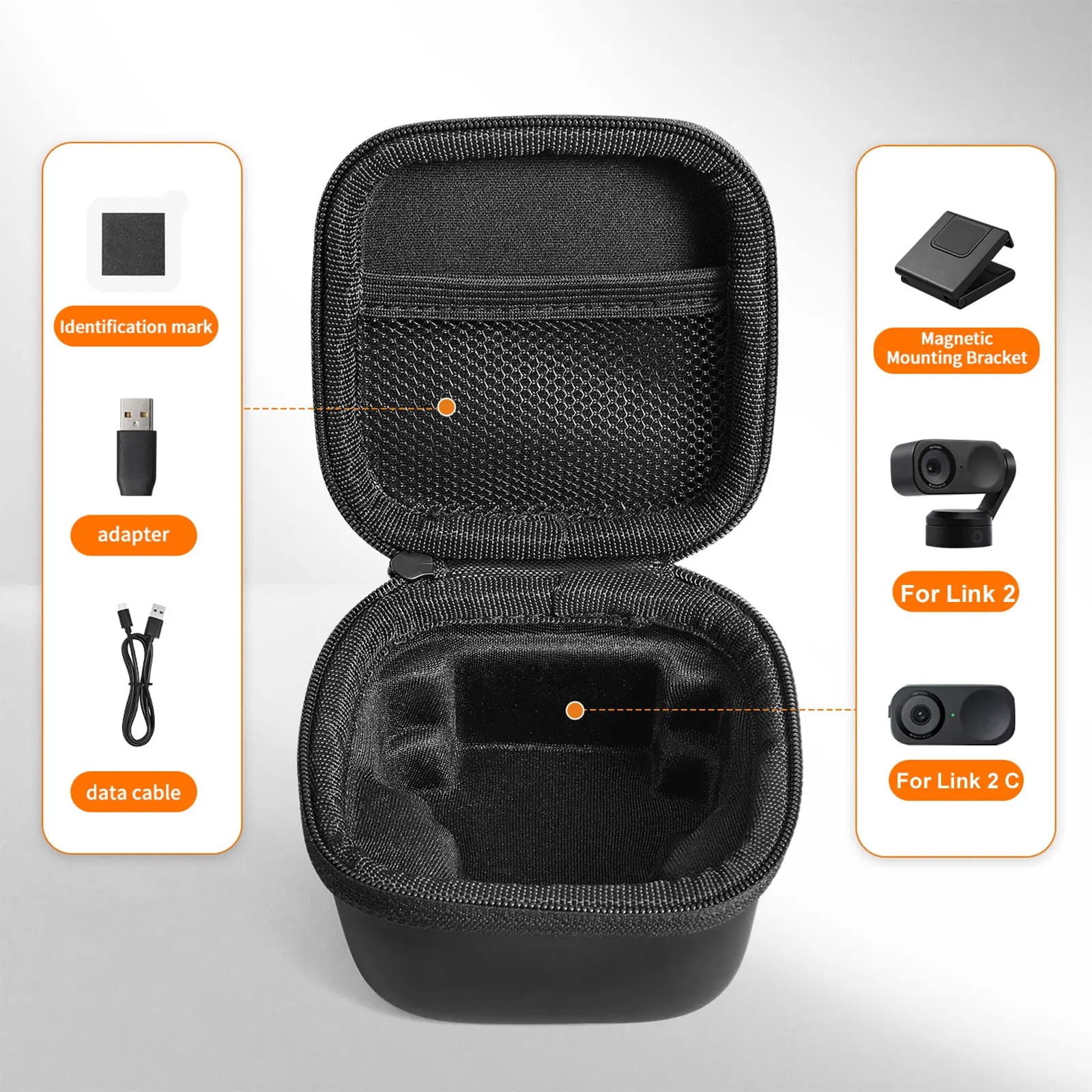 Open black protective case flanked by left and right infographics listing included accessories: left shows identification mark, adapter, data cable; right shows magnetic mounting bracket and camera/link for Link 2.