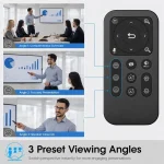 4K Webcam with AI Tracking and 100° Wide Angle Remote 4 | PricZone Infographic shows three preset presentation angles connected to a remote Comprehensive Overview Focused Presentation and Speaker Close Up with the text labels | PricZone