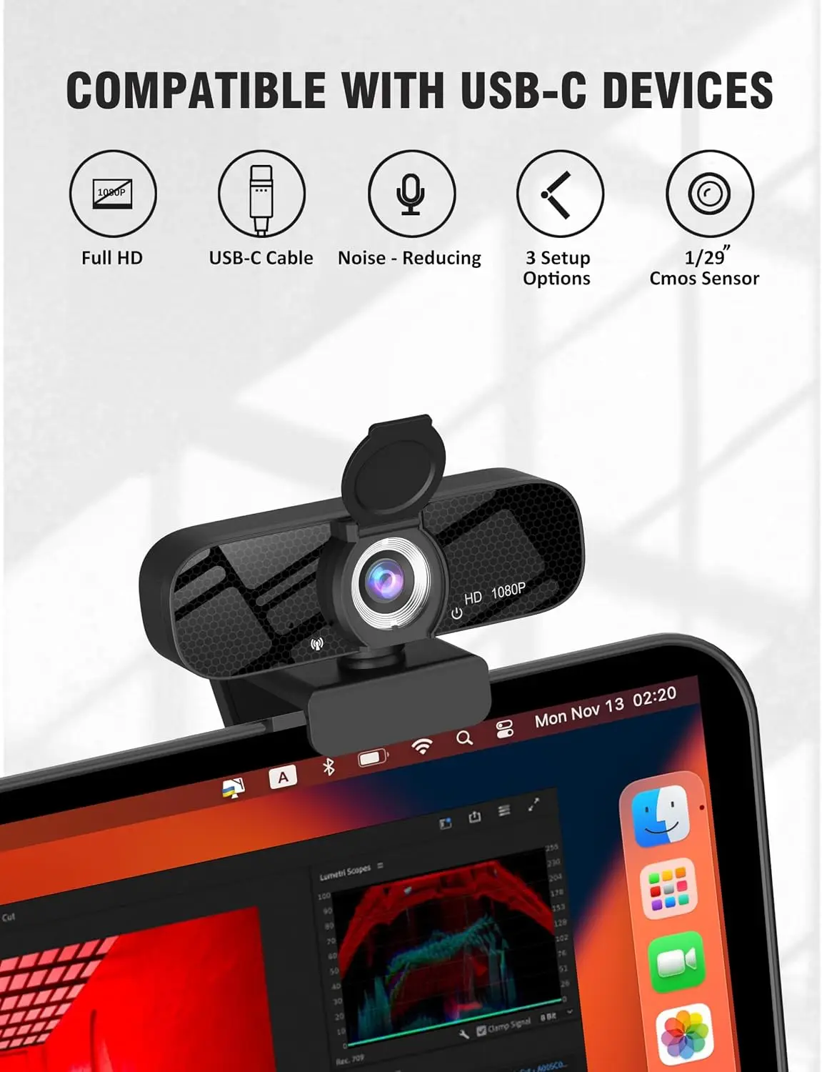 USB HD Webcam with Built-In Microphone 1080P Video 8