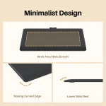Huion Inspiroy Frego M L610 Wireless Graphics Drawing Tablet 3 | PricZone Drawing tablet illustration on a beige page with the heading Minimalist Design and a dashed outline work area labeled Work Area 10x625 inch | PricZone