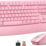 Wireless Keyboard and Mouse FullSized Cordless 1 | PricZone Pink wireless keyboard and mouse set with a dotted palm rest pattern USB dongle and USB A adapter shown | PricZone