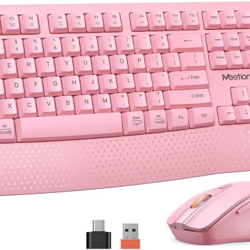 Pink wireless keyboard and mouse set with a dotted palm rest pattern USB dongle and USB A adapter shown | PricZone