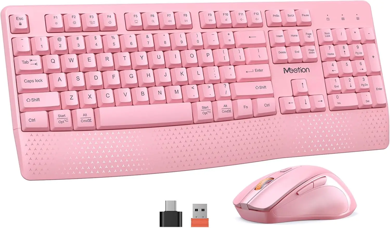 Wireless Keyboard and Mouse FullSized Cordless 1 | PricZone Pink wireless keyboard and mouse set with a dotted palm rest pattern USB dongle and USB A adapter shown | PricZone