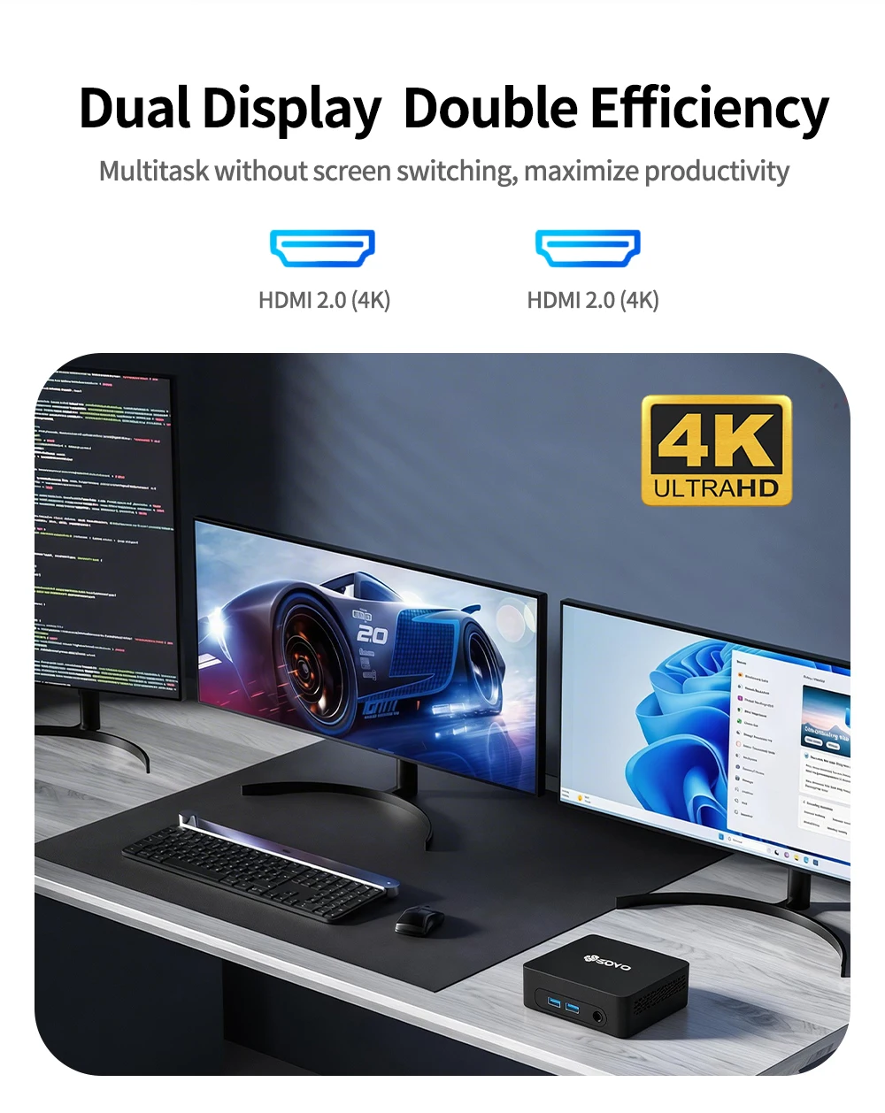 Dual-monitor setup on a desk with a 4K ultrahHD branding badge, showing a gaming car on the left monitor and Windows UI on the right monitors.