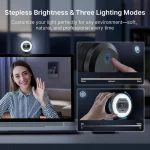 4K Webcam with Ring Light Pdaf Autofocus 1080P 60Fps 3 | PricZone Desk webcam light with three lighting modes and stepless brightness shown over a laptop during a video call with a smiling woman | PricZone