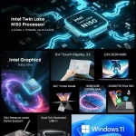 Chuwi Freebook 2In1 Laptop Inteln150 134 Touch 25K 1 | PricZone Product feature collage highlighting a laptop with Intel Twin Lake N150 processor and up to 36GHz performance | PricZone