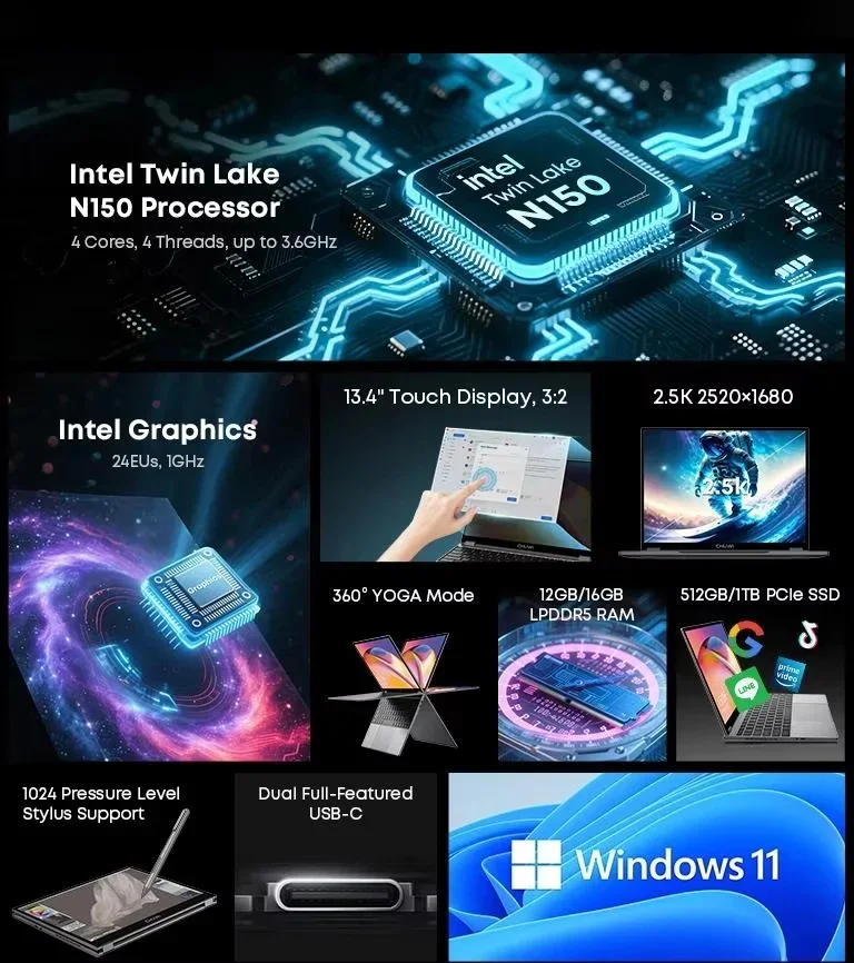 Chuwi Freebook 2In1 Laptop Inteln150 134 Touch 25K 1 | PricZone Product feature collage highlighting a laptop with Intel Twin Lake N150 processor and up to 36GHz performance | PricZone
