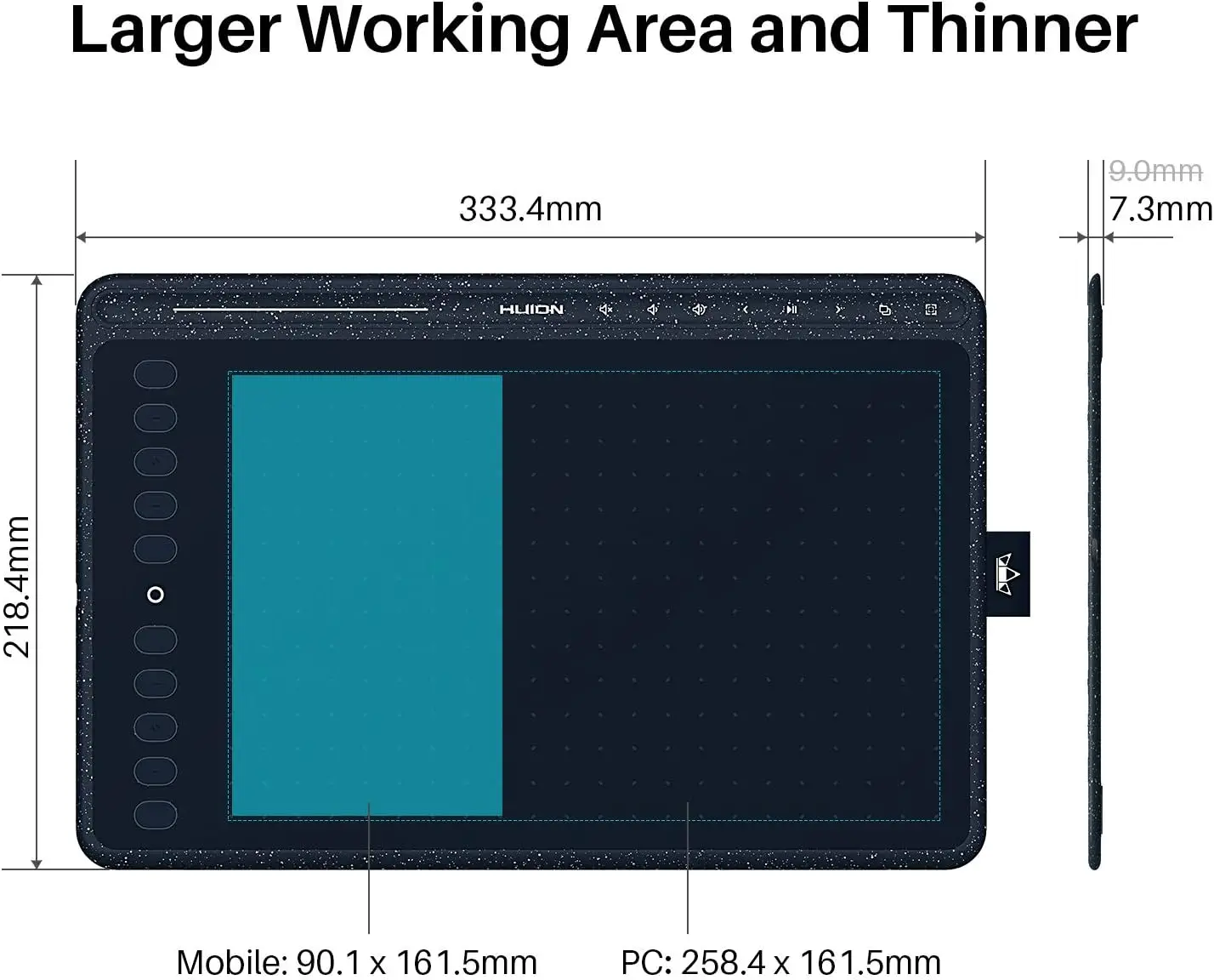 Technical diagram of a tablet showing larger working area and thinner profile; overall size 333.4×218.4 mm.