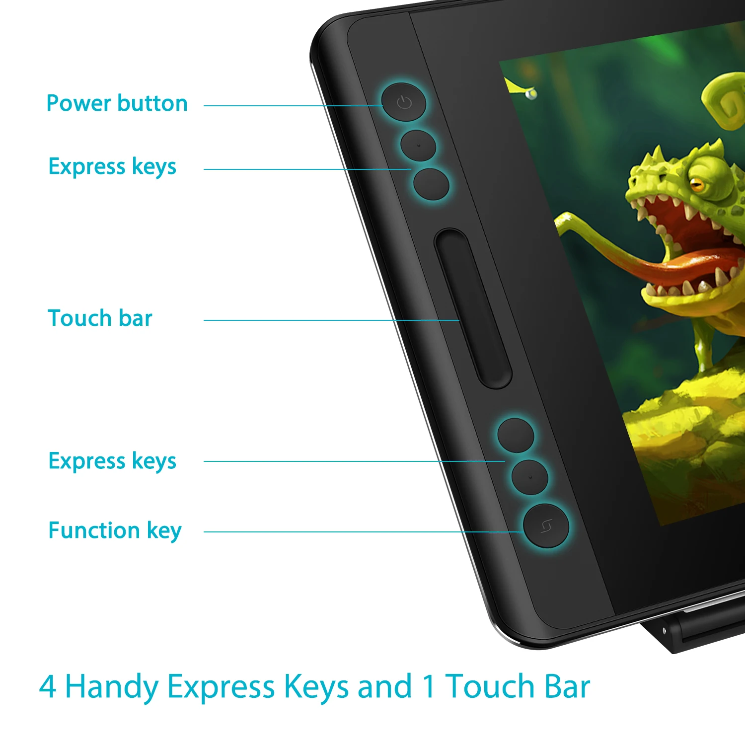 Huion Kamvas Pro 12 Graphics Tablet Screen with 120 sRGB 5 | PricZone Side of a handheld device showing the power button four express keys a touch bar and a function key for quick access controls | PricZone