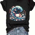Womens Plus Size Axolotl Wave Tank Top 3 | PricZone Black t shirt featuring a colorful cartoon wave with small fish and flowers around it in a whimsical design | PricZone