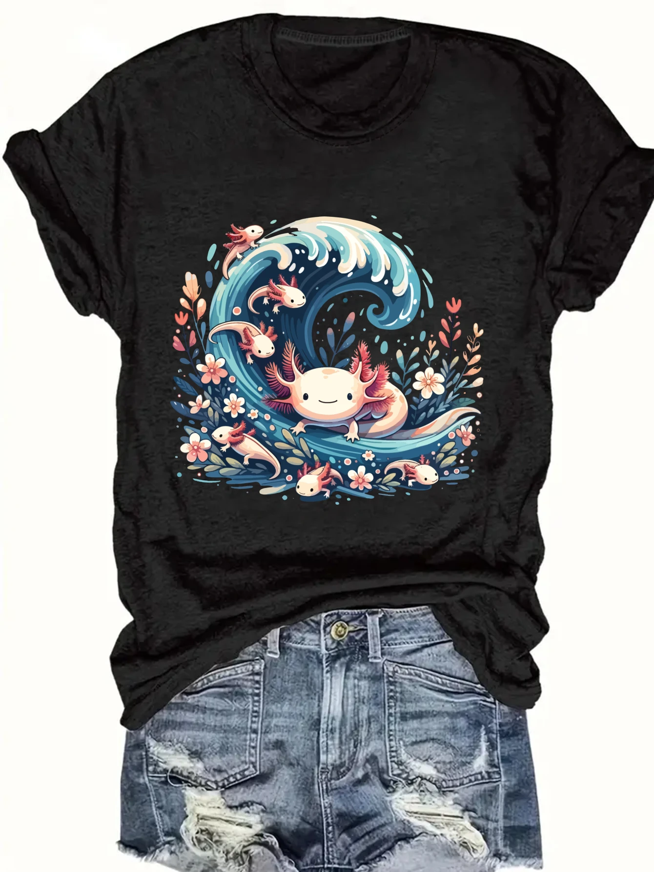 Womens Plus Size Axolotl Wave Tank Top 3 | PricZone Black t shirt featuring a colorful cartoon wave with small fish and flowers around it in a whimsical design | PricZone