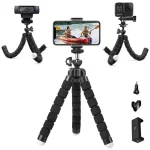 Universal Photography Octopus Tripod Monopod Phone Camera 6 | PricZone Flexible tripod with bendable legs holding a smartphone in the center and two action cameras on side arms includes small mounting accessories | PricZone