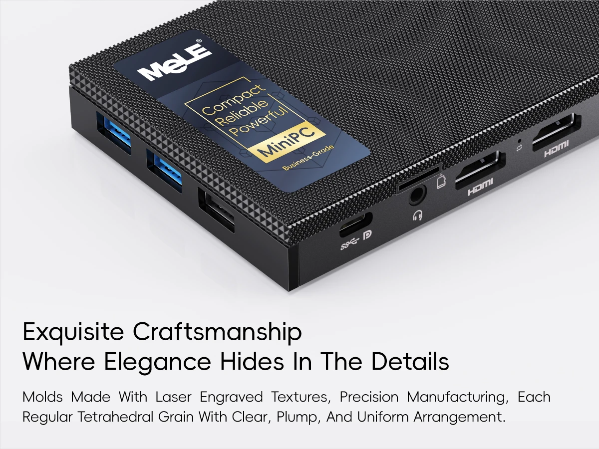 Close-up of a black multi-port docking station with blue USB ports and HDMI outputs, highlighting craftsmanship and design quality.