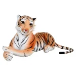 Orange and white tiger plush toy lying down with front paws crossed | PricZone