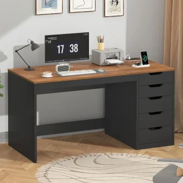 Modern dark wood desk with a computer monitor, lamp, printer, and a set of drawers on the right in a home office.