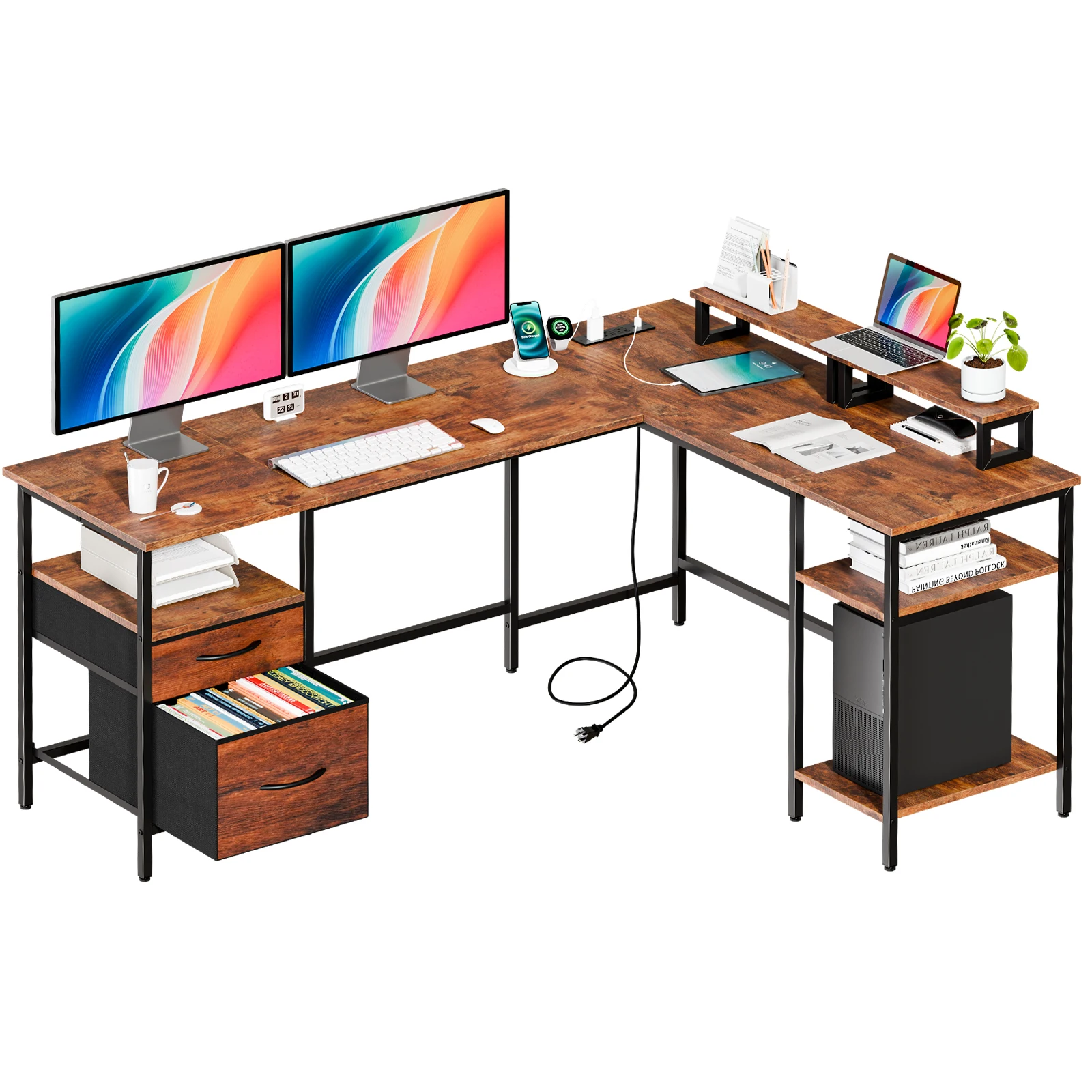 L-shaped wooden desk setup with two widescreen monitors, keyboard and mouse, and a laptop on the right, plus a small plant and organized storage on shelves.