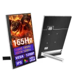 Front and back view of a slim gaming monitor on a stand showing a fiery dog wallpaper and badges for 165Hz Type C 165Hz HDMI 120Hz VESA IPS 100 sRGB | PricZone