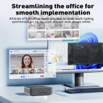 Xiaman Mini PC Windows 11 Pro Intel Core I9 8950Hk I3 6100U 2 | PricZone Desktop setup with a large monitor showing multiple apps and a video call a keyboard and a small black mini PC on the desk | PricZone