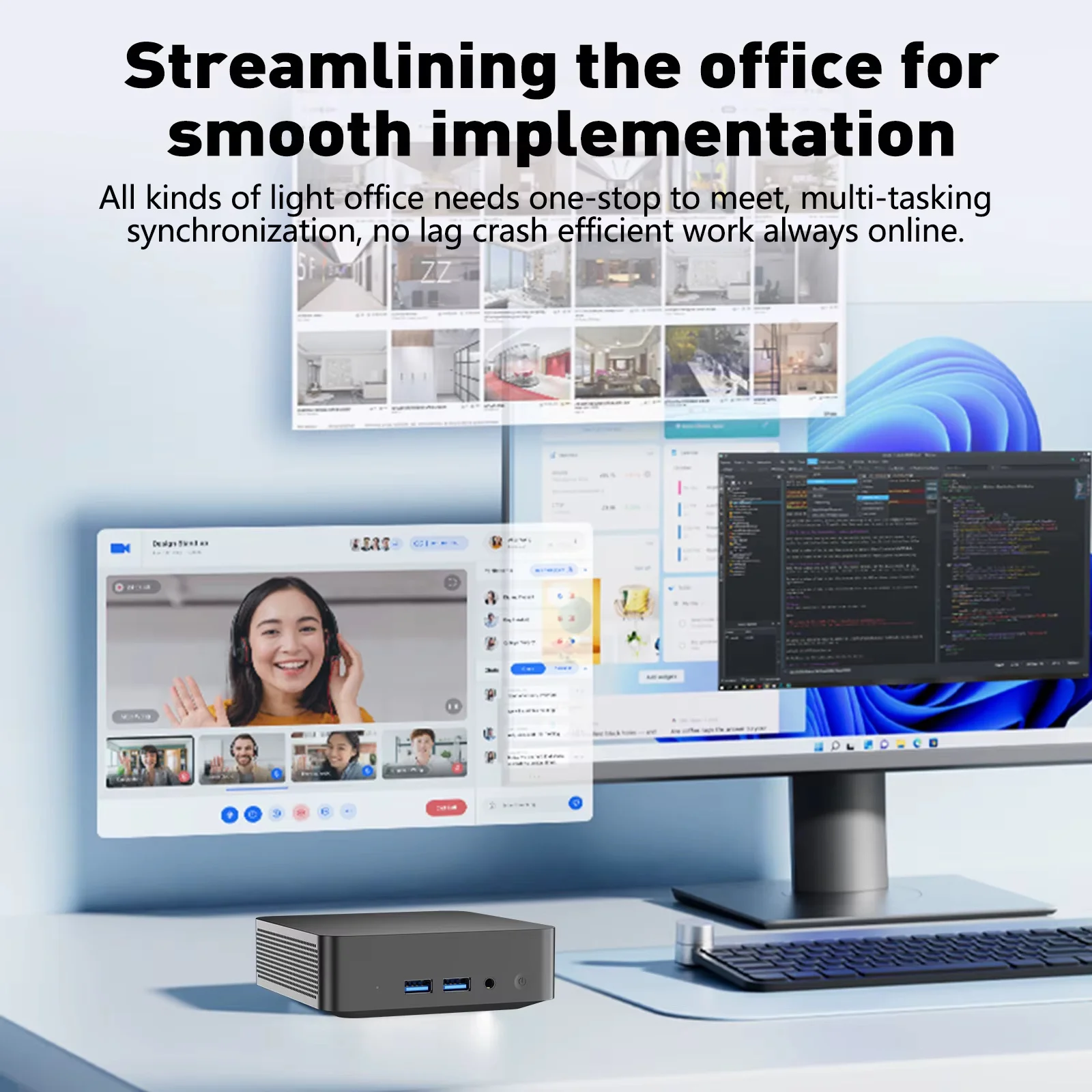 Xiaman Mini PC Windows 11 Pro Intel Core I9 8950Hk I3 6100U 2 | PricZone Desktop setup with a large monitor showing multiple apps and a video call a keyboard and a small black mini PC on the desk | PricZone