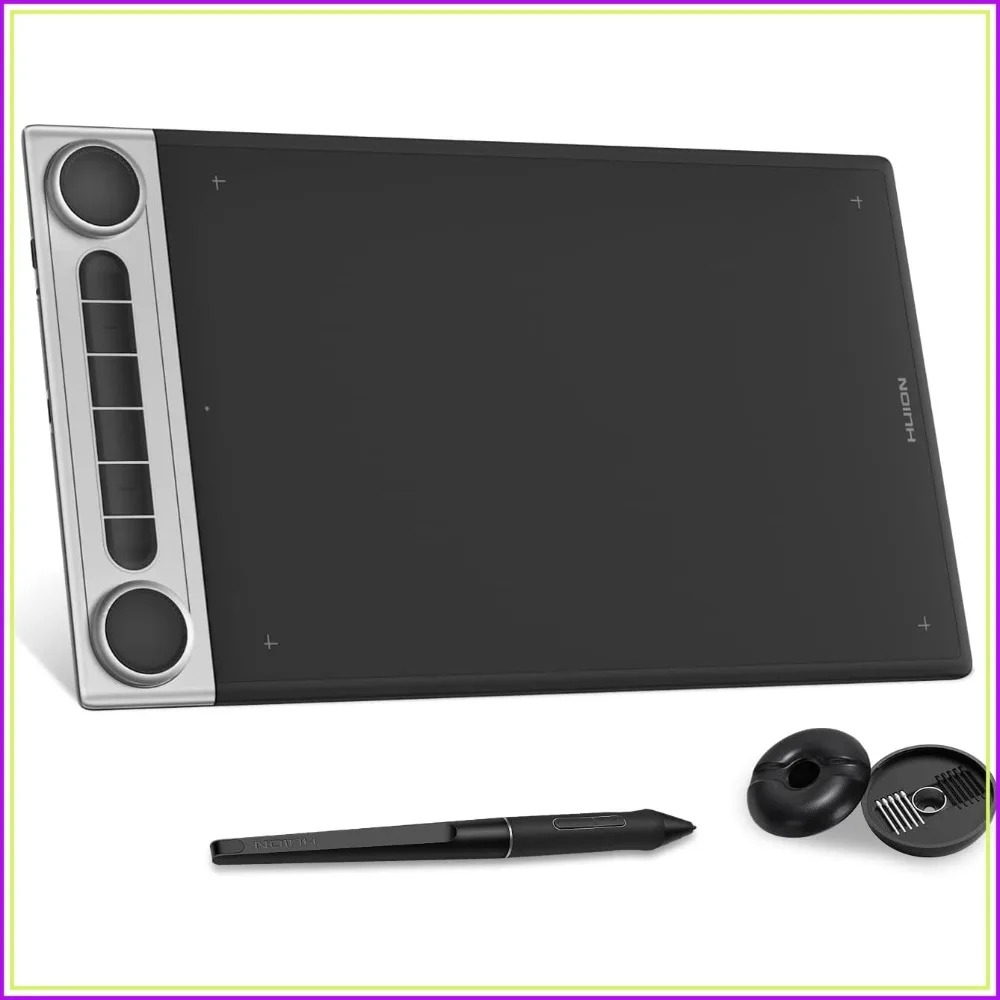 Bluetooth Graphics Drawing Tablet with Dual Dials 1 | PricZone Huion graphic drawing tablet with stylus and spare nibs shown beside the pen and nib replacements | PricZone