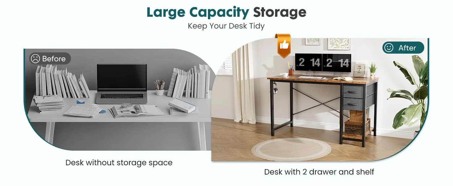 Comparison of desk clutter: left 'Before' with papers and laptop; right 'After' with an organized desk and storage drawers.
