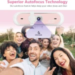 1080P 60Fps Webcam with Autofocus and Dual Mic 4 | PricZone Group of friends taking a selfie with a Nexigo camera mounted above banner reads Superior Autofocus Technology in pink text | PricZone