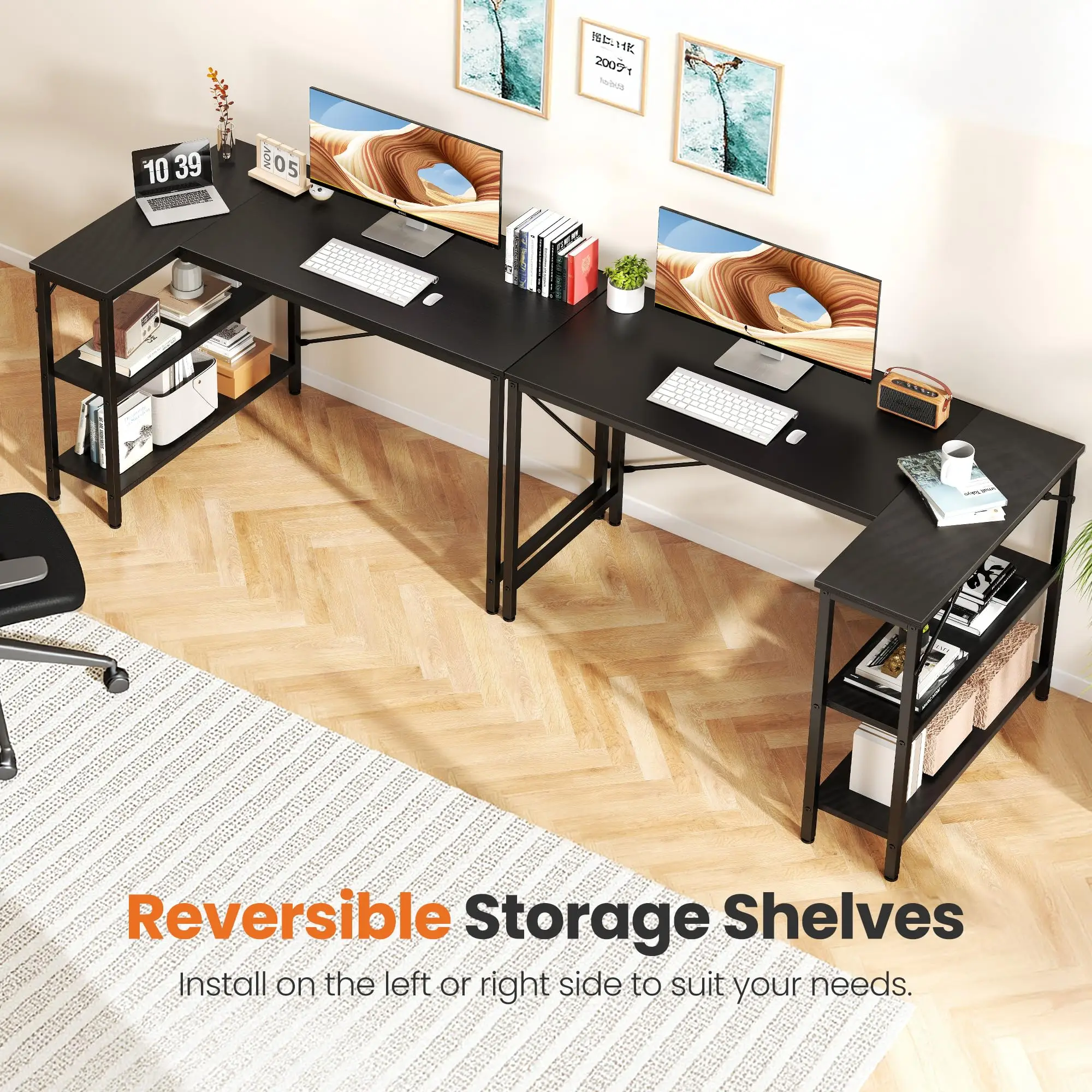 L Shaped Computer Desk with Reversible Storage Shelves 4 | PricZone Home office with black L shaped desks two curved computer monitors keyboard and mouse plus plants and books on shelves on the wall | PricZone