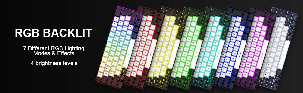 Angled row of rainbow RGB backlit keyboards on a dark background; banner text reads 'RGB BACKLIT' with '7 Different RGB Lighting Modes & Effects' and '4 brightness levels'.