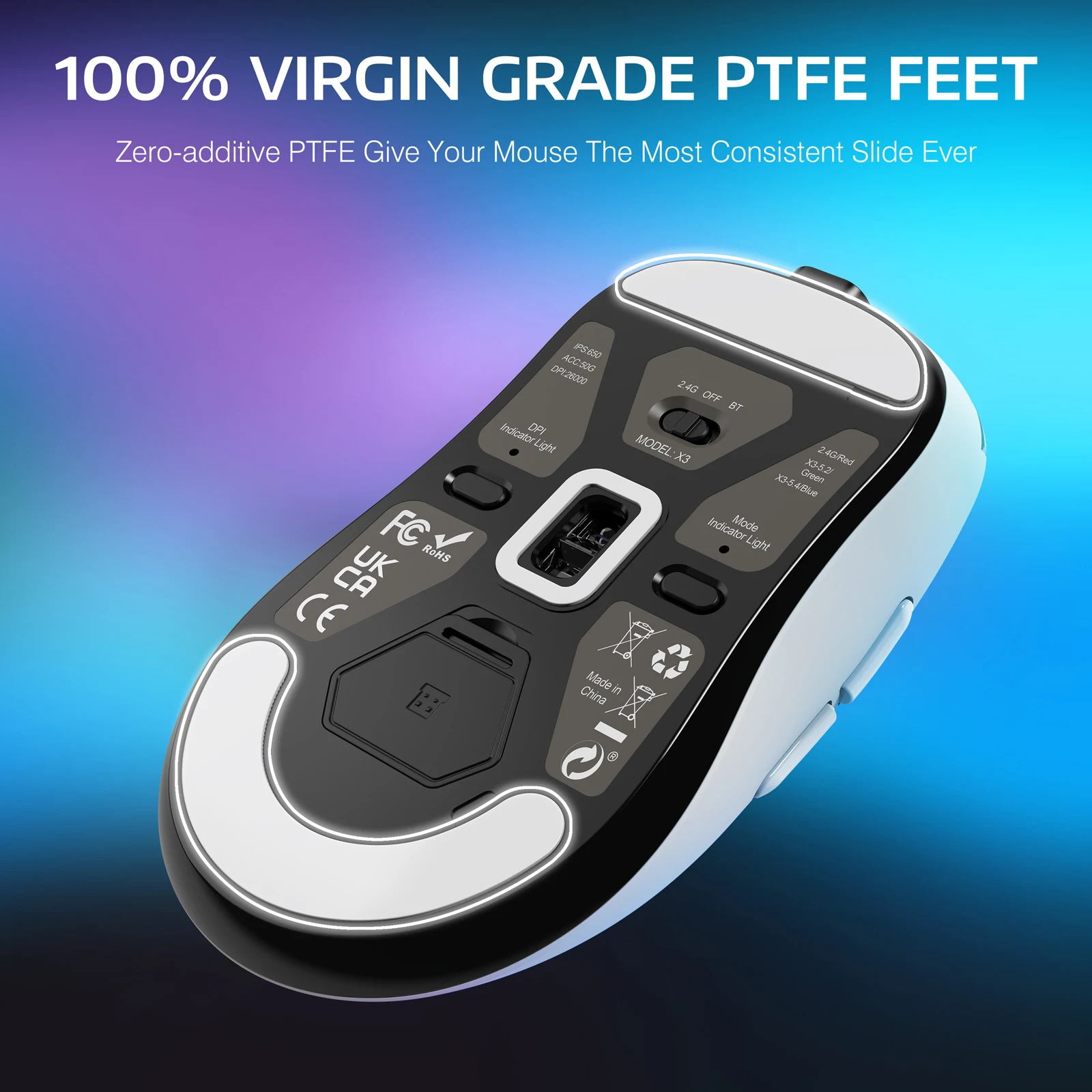 Attack Shark X3 Wireless Gaming Mouse 49G Ergonomic PC 5 | PricZone Advertising banner showing bold text 100 Virgin Grade PTFE Feet over a blue purple gradient with a close up of a devices foot pads | PricZone